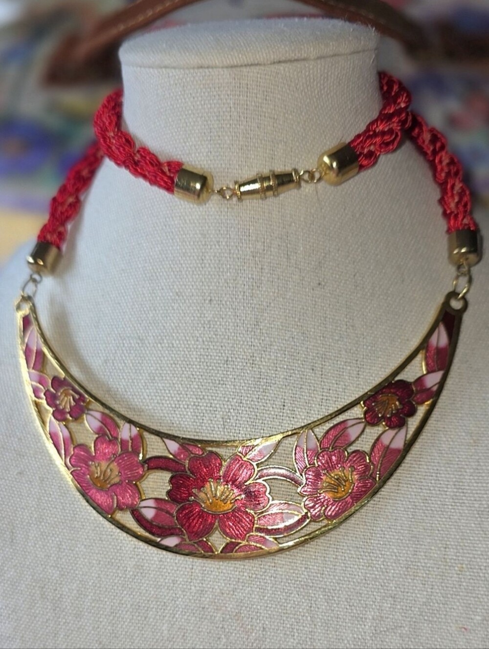 Vintage Cloisonné Floral Crescent Bib Necklace Red Pink Enamel With Silk Cord